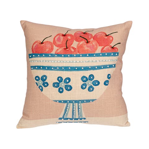 Cotton Printed Slub Pillow with Fruit Bowl, Embroidery and French Knots, Multi Color