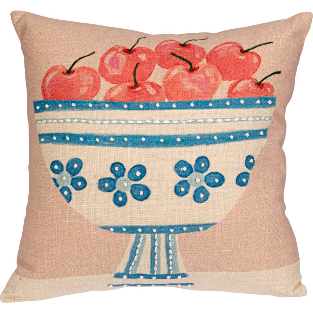 Storied Home Cotton Printed Slub Pillow With Fruit Bowl, Embroidery And French Knots, Multi Color In Pink
