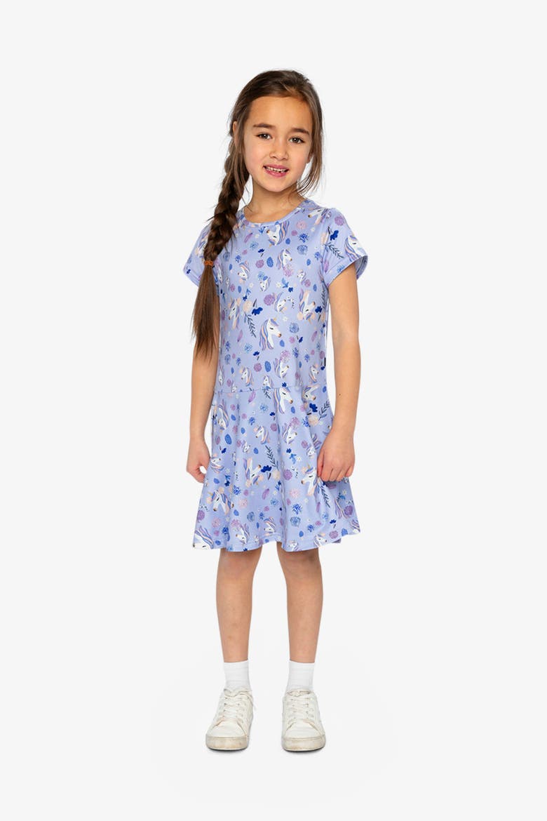Short Sleeve Unicorn Drop Waist Dress, Alternate, color, Purple Unicorn Print