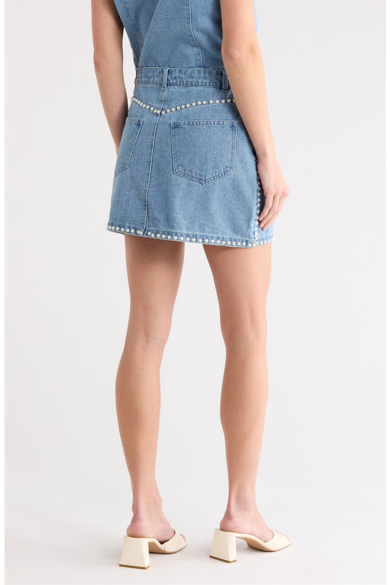 Pearly Stud Trim Denim Miniskirt, Alternate, color, LIGHT WASH