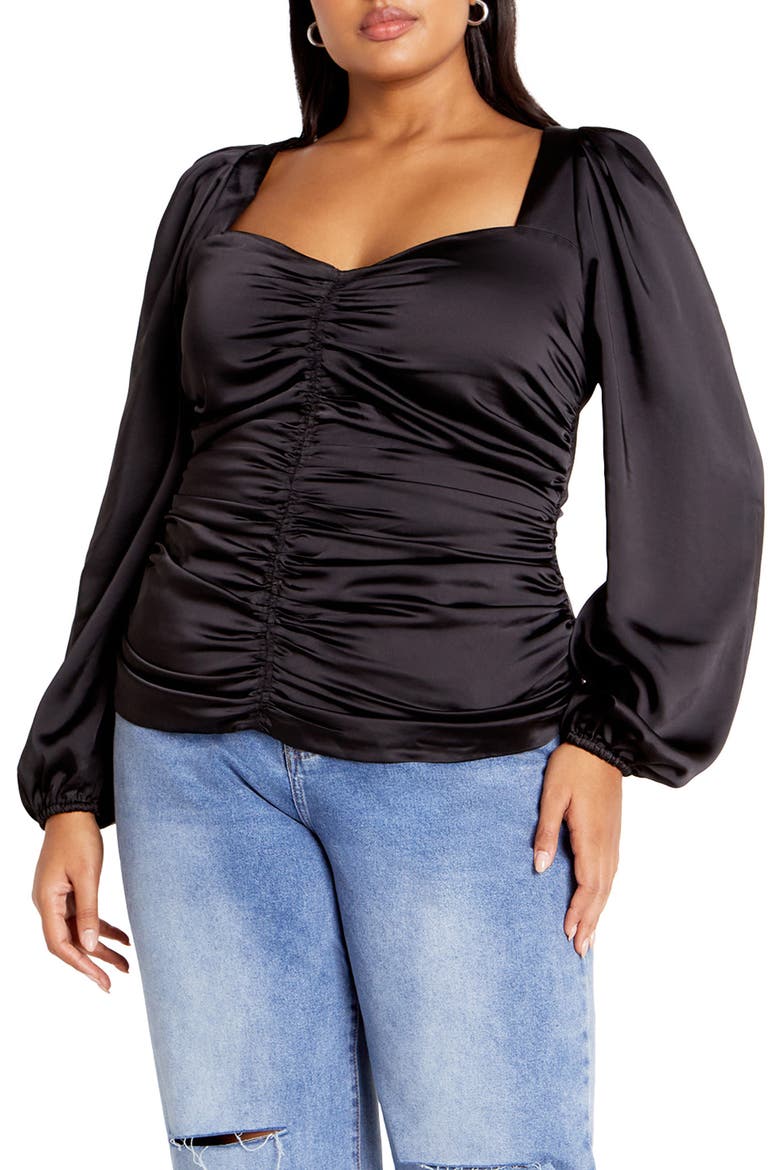 Sienna Center Ruched Satin Top, Main, color, BLACK