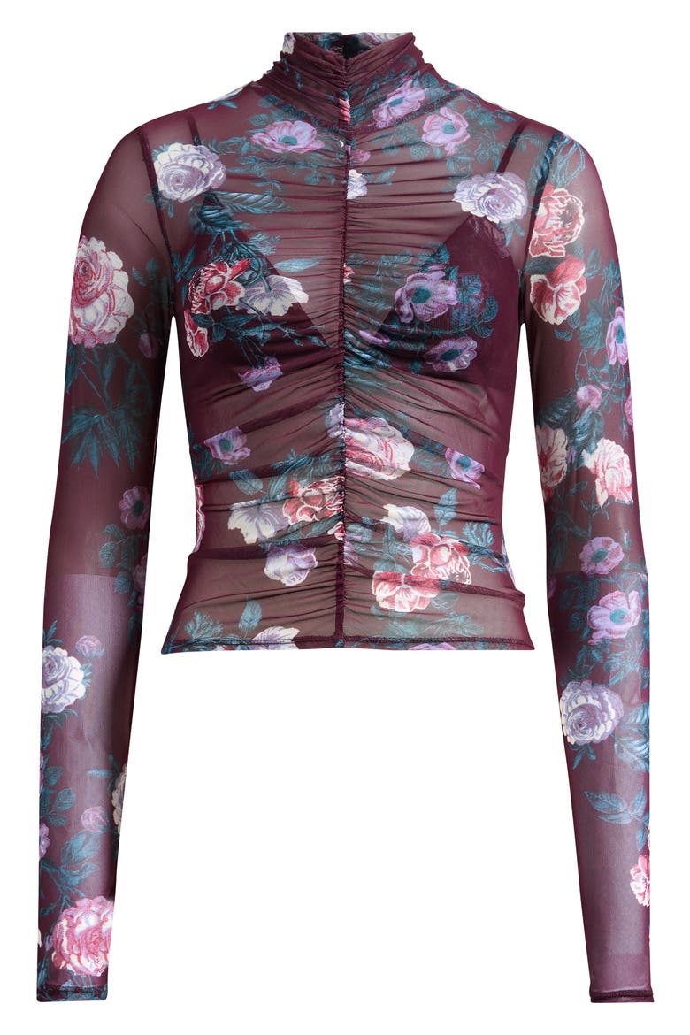 Rubi Ruched Sheer Mesh Top, Alternate, color, CABERNET BOUQUET