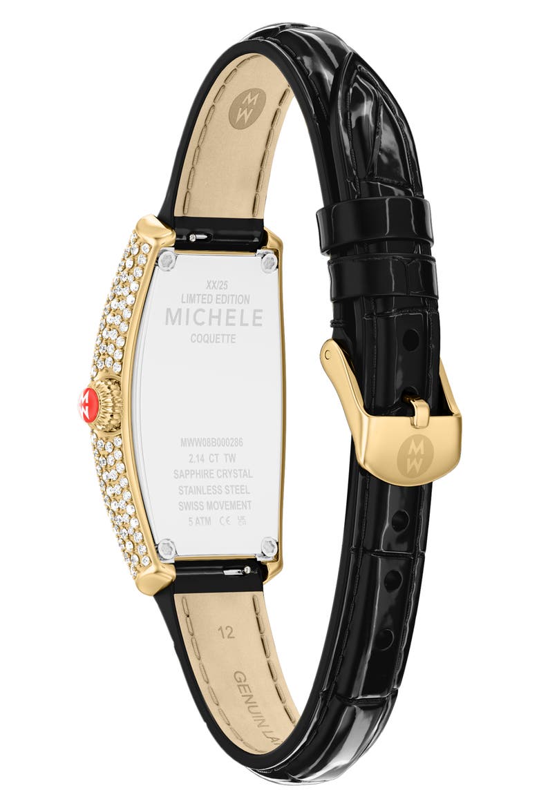 Pavé Diamond Tonneau Leather Strap Watch, 23mm x 40mm, Alternate, color, BLACK