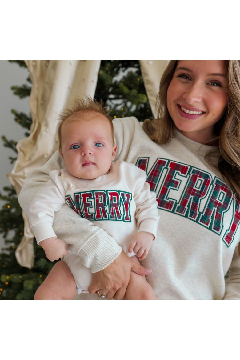 Merry Tartan Patch Christmas Long Sleeve Romper, Alternate, color, Natural