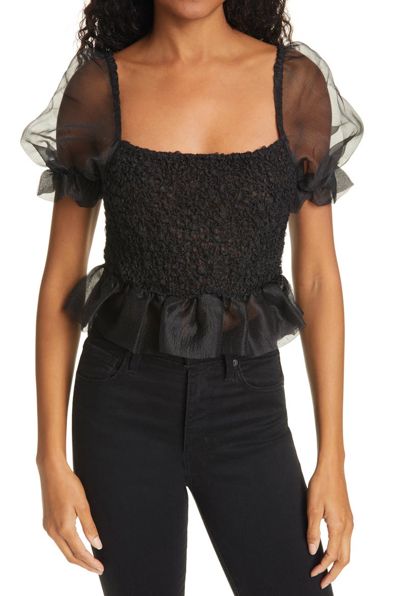 Cannon Organza Puff Sleeve Crop Top, Main, color, BLACK