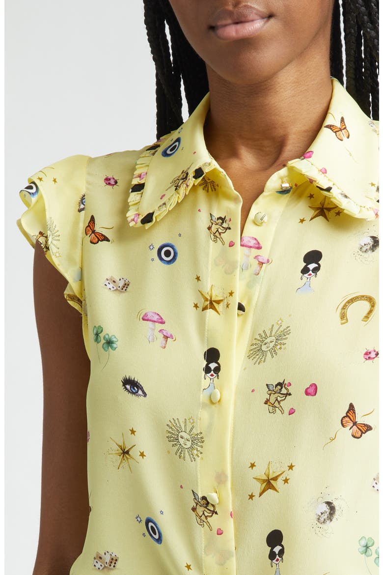 Martel Ruffle Flutter Sleeve Silk Button-Up Shirt, Alternate, color, LUCKY STAR