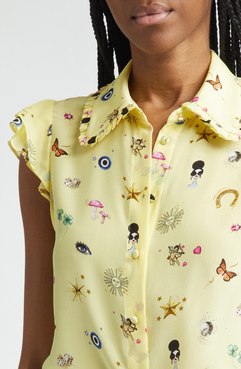 Alice + Olivia Martel Ruffle Flutter Sleeve Silk Button-Up Shirt, Alternate, color, Lucky Star