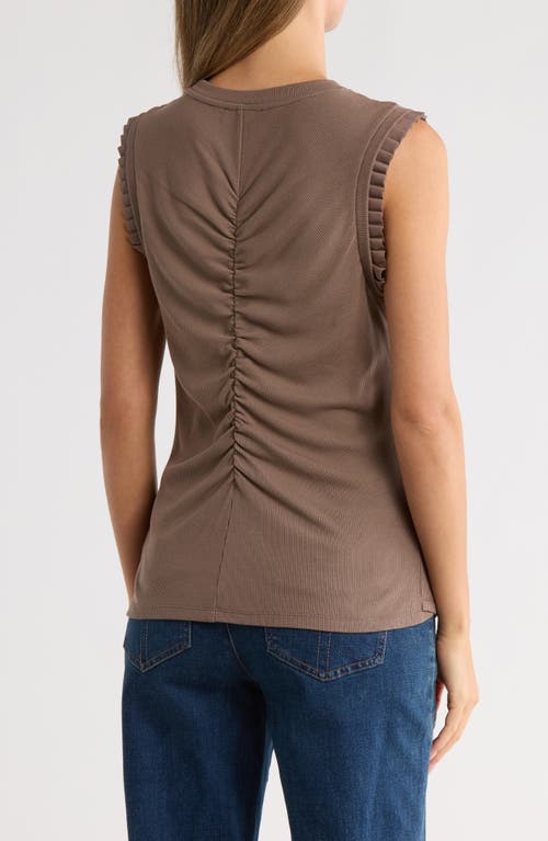 Democracy Ruched Rib Mixed Media Knit Top In Brown