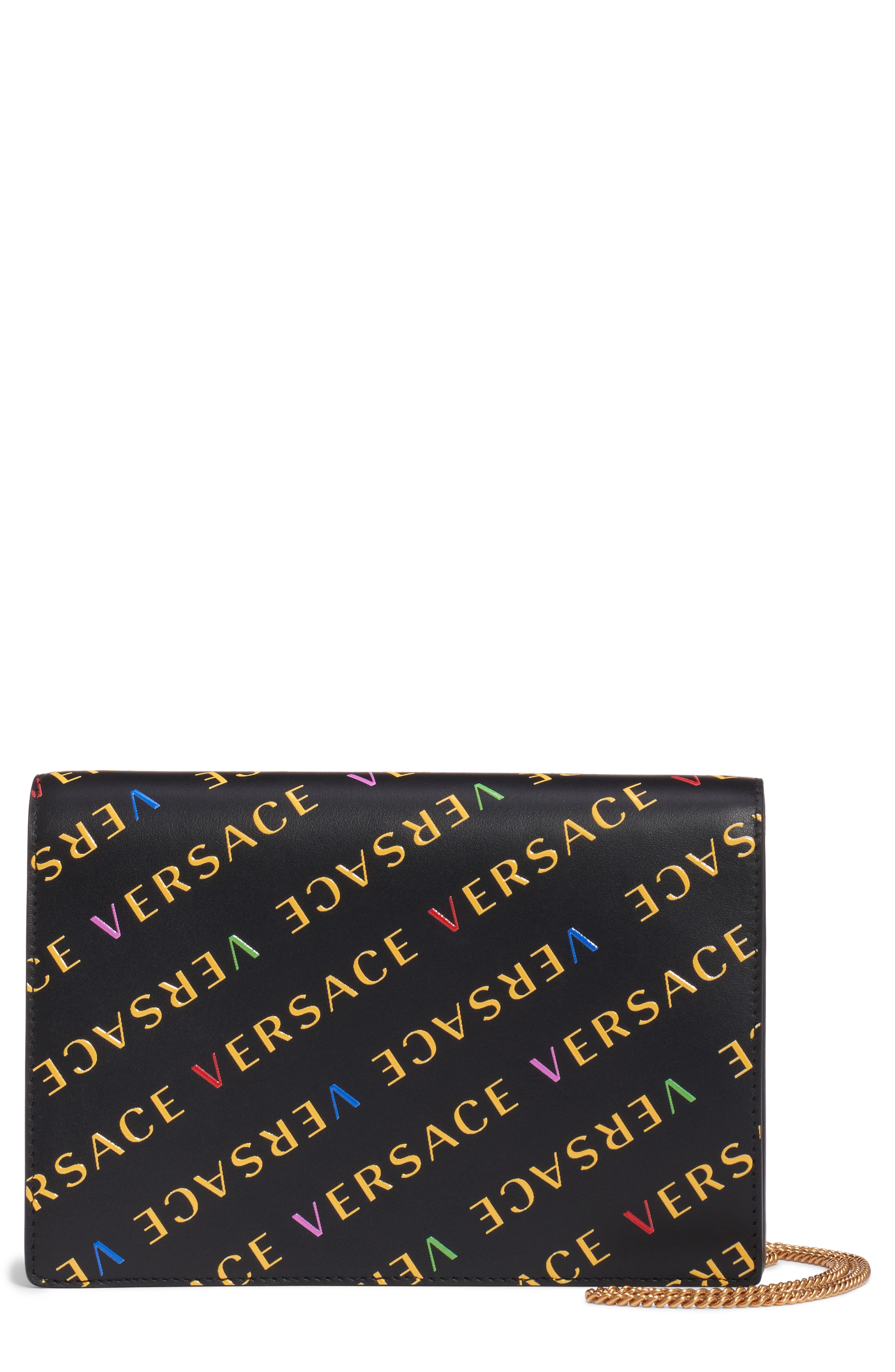 First Line Logo Leather Wallet on a Chain, Main, color, BLACK MULTI/ WARM GOLD