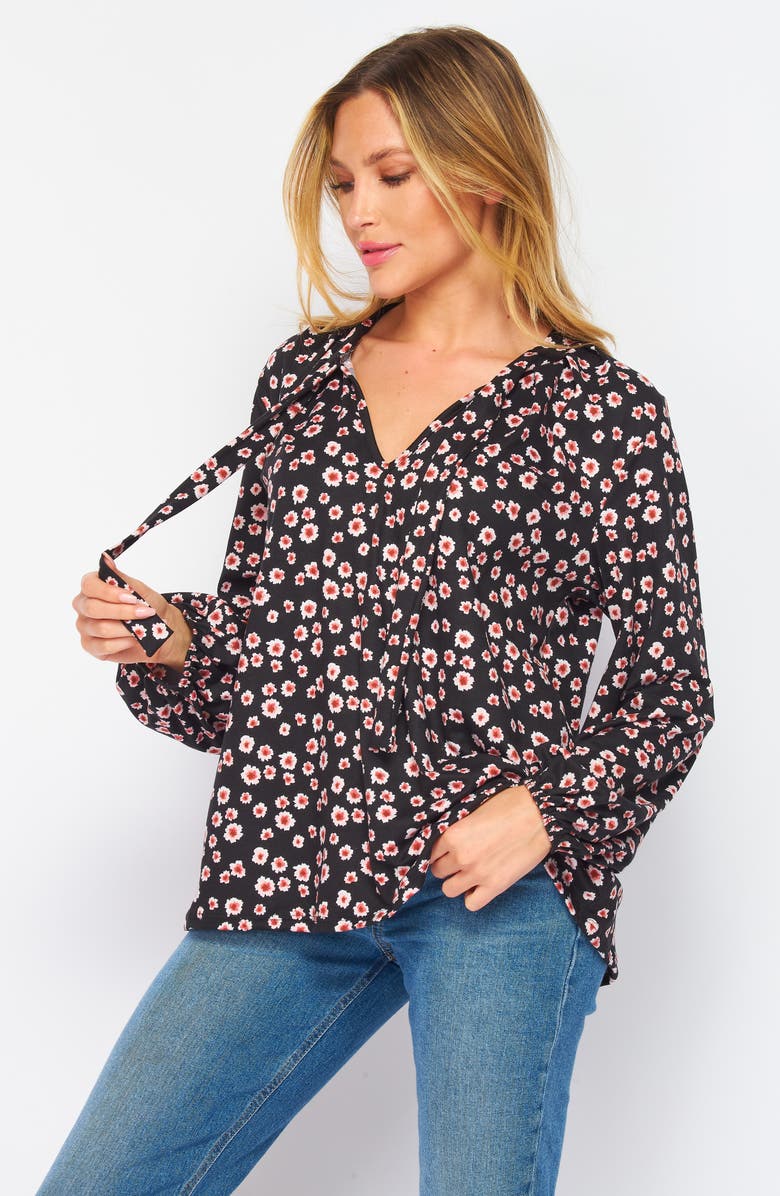 BLUEGREY Poet Tie Front Long Sleeve Top, Alternate, color, Black Floral Multi