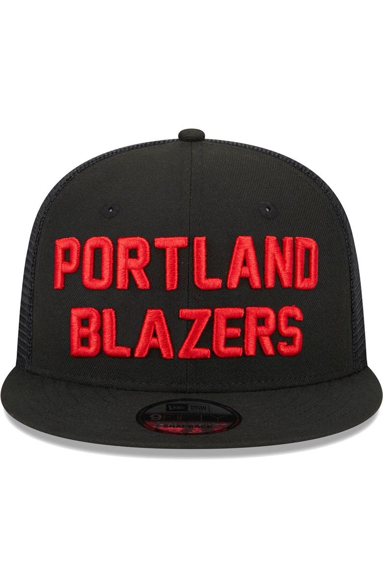 New Era Men's New Era Black Portland Trail Blazers Stacked Script 9FIFTY Trucker Snapback Hat, Alternate, color, 