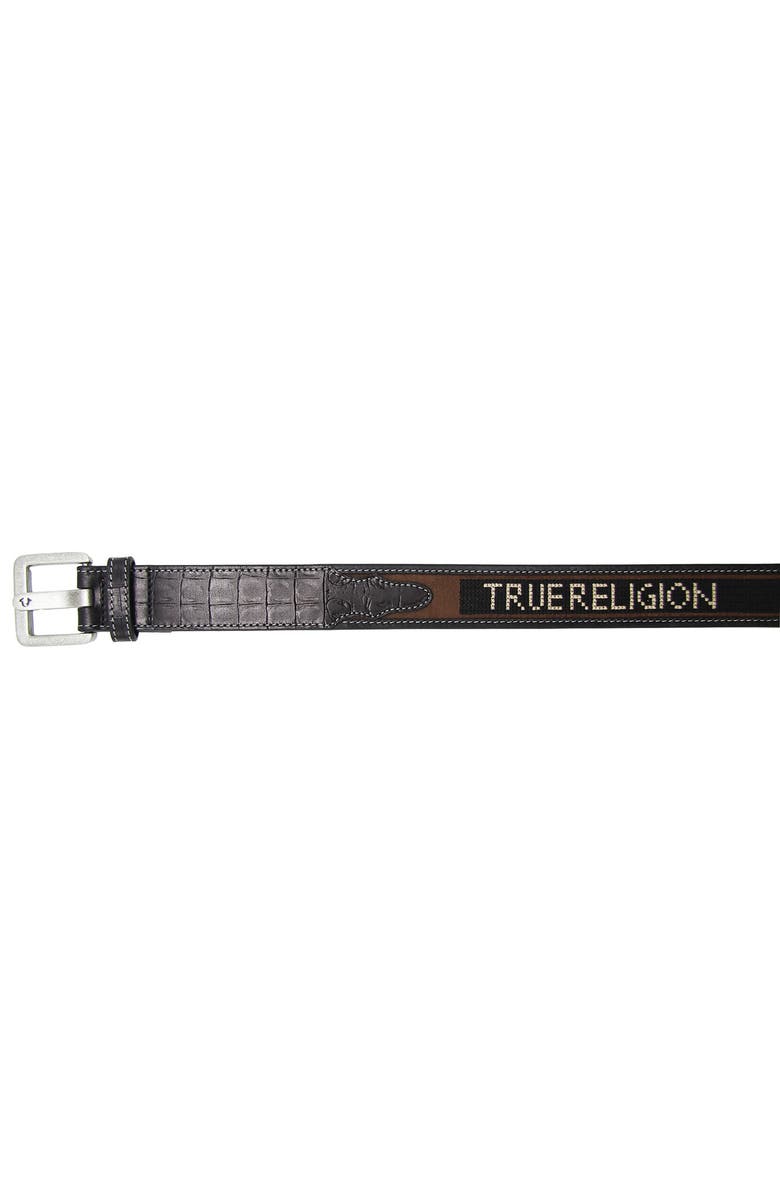 True Religion Jauquin Woven Logo Croc Embossed Leather Belt, Alternate, color, Black