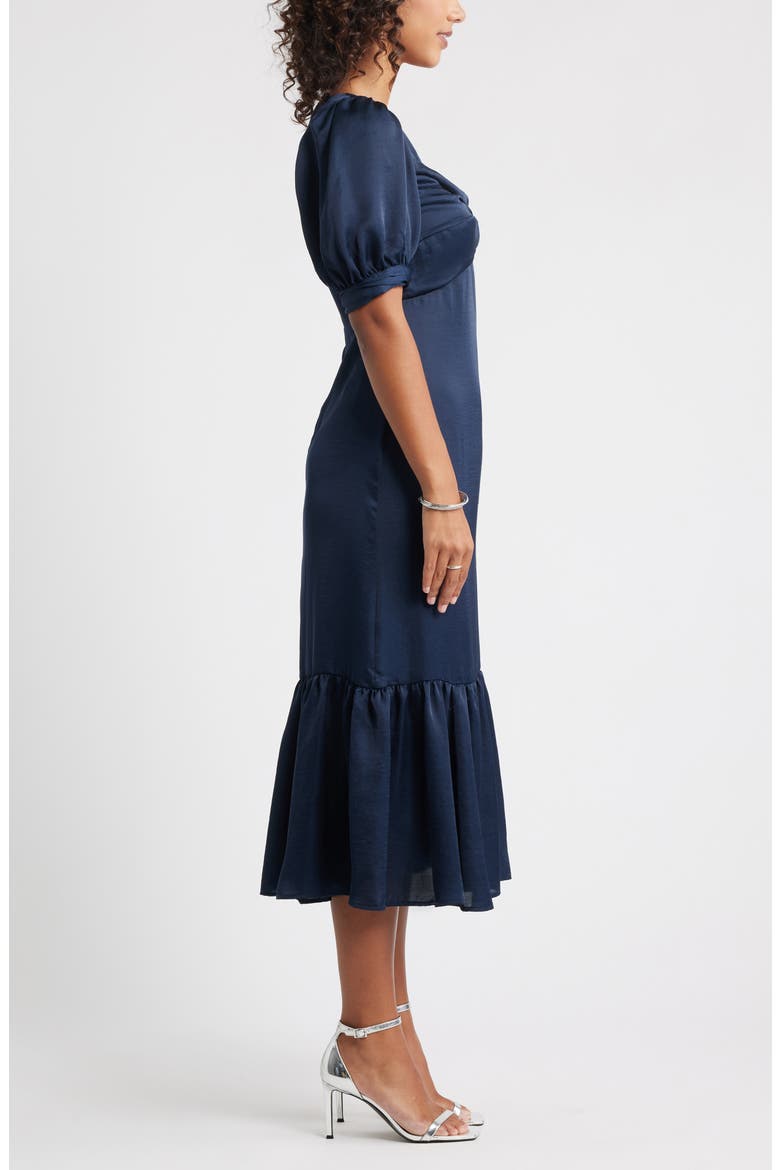 Twist Front Puff Sleeve Satin Midi Dress, Alternate, color, NAVY STILL