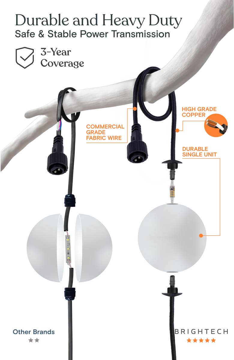 Brightech 30 ft, 10‑light Plug‑In Water‑Resistant LED Outdoor String Lights, White Frosted Plastic Orb Patented Design, Alternate, color, Classic Black | 10 Bulbs