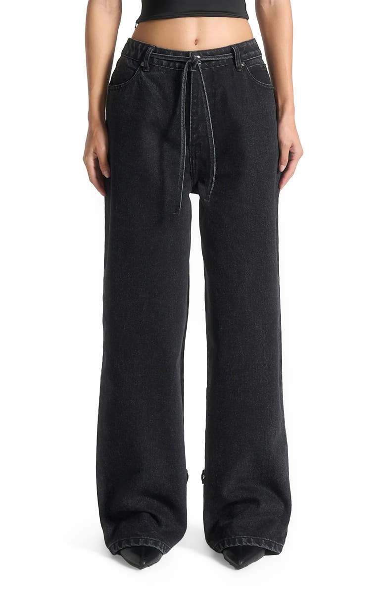 Manière De Voir Faye Wide Mid Rise Jeans with Tie Waist, Main, color, Washed Black