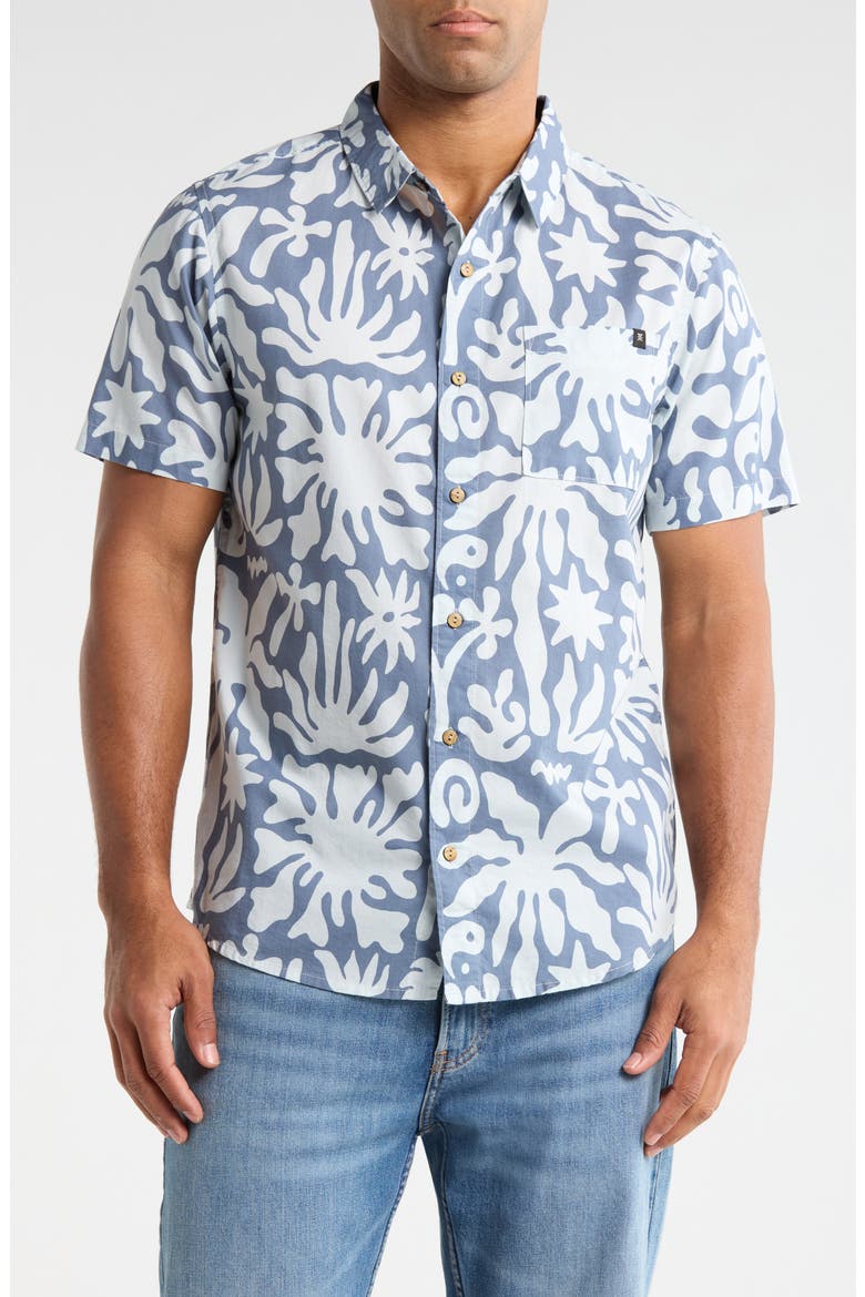 Journey Floral Short Sleeve Button-Up Shirt, Main, color, NEPTUNE