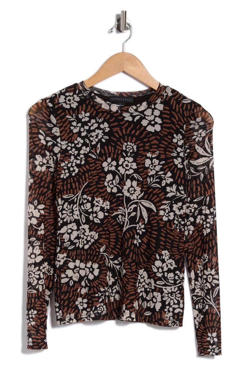 Print Long Sleeve Sheer Top, Alternate, color, COCOA PETAL BROWN