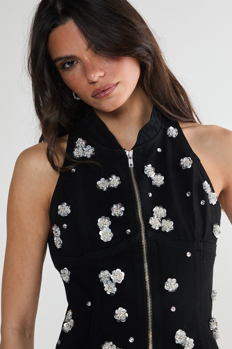 Embellished Applique Mini Dress, Alternate, color, Washed Black