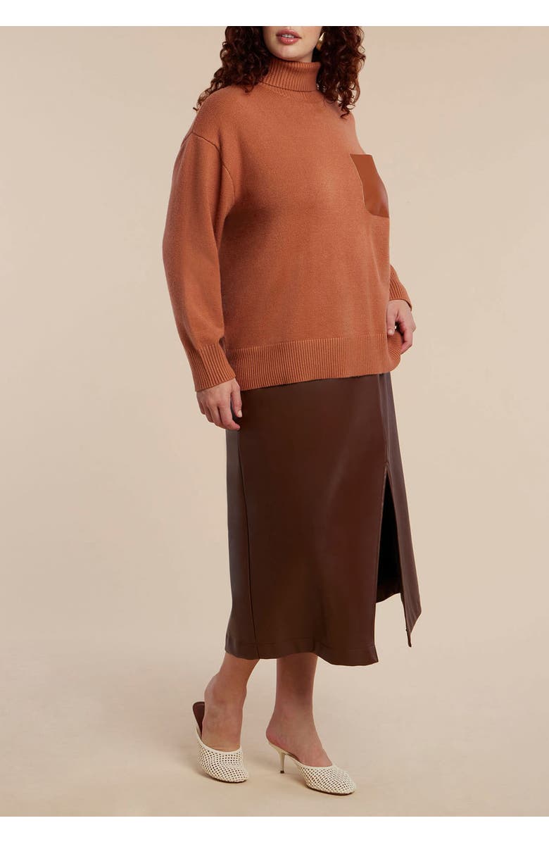 ELOQUII Faux Leather Pocket Turtleneck Sweater, Alternate, color, Roasted Pecan