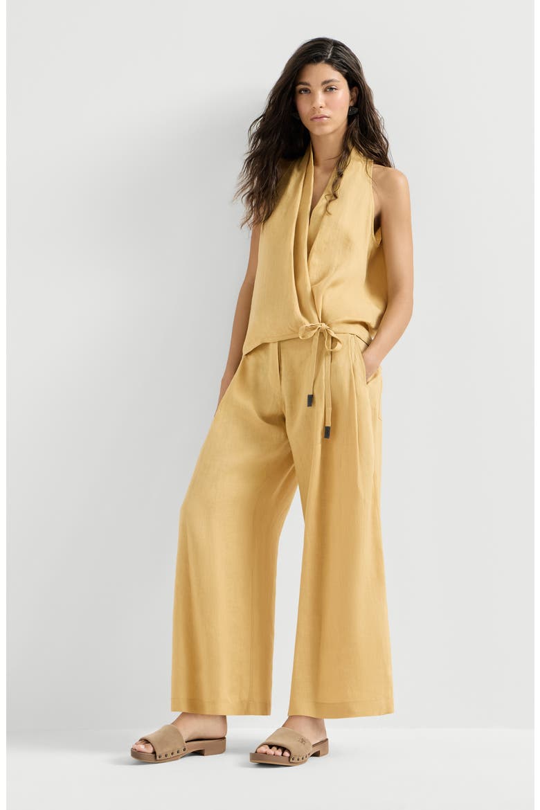 Linen trousers with drawstring and monili, Alternate, color, Zabaione Yellow