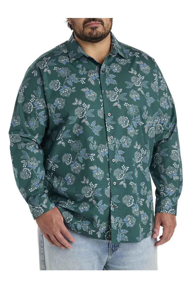 Big & Tall Rolled-Sleeve Floral Print Sport Shirt, Alternate, color, GREEN