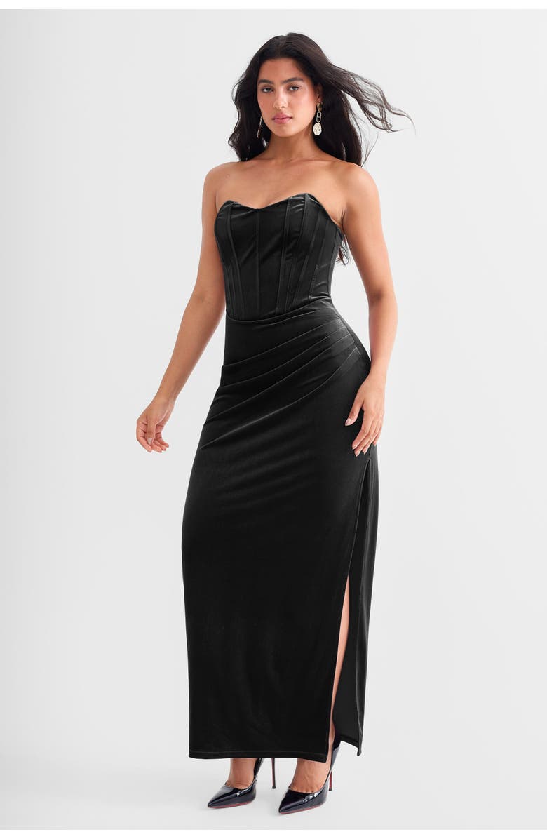 Popilush Strapless Velvet Ruched Sculpting Corset Gown, Main, color, Classic Black