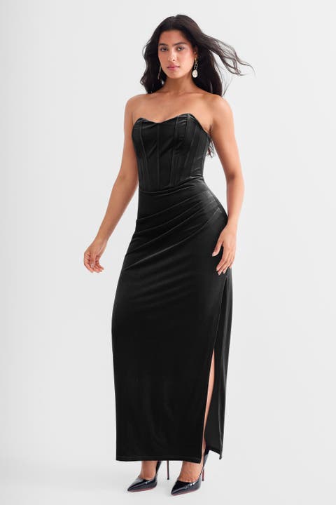 Strapless Velvet Ruched Sculpting Corset Gown