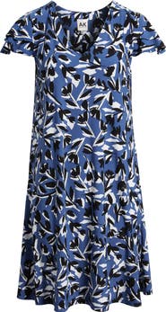 AK ANNE KLEIN Abstract Floral Print V-Neck Swing Dress