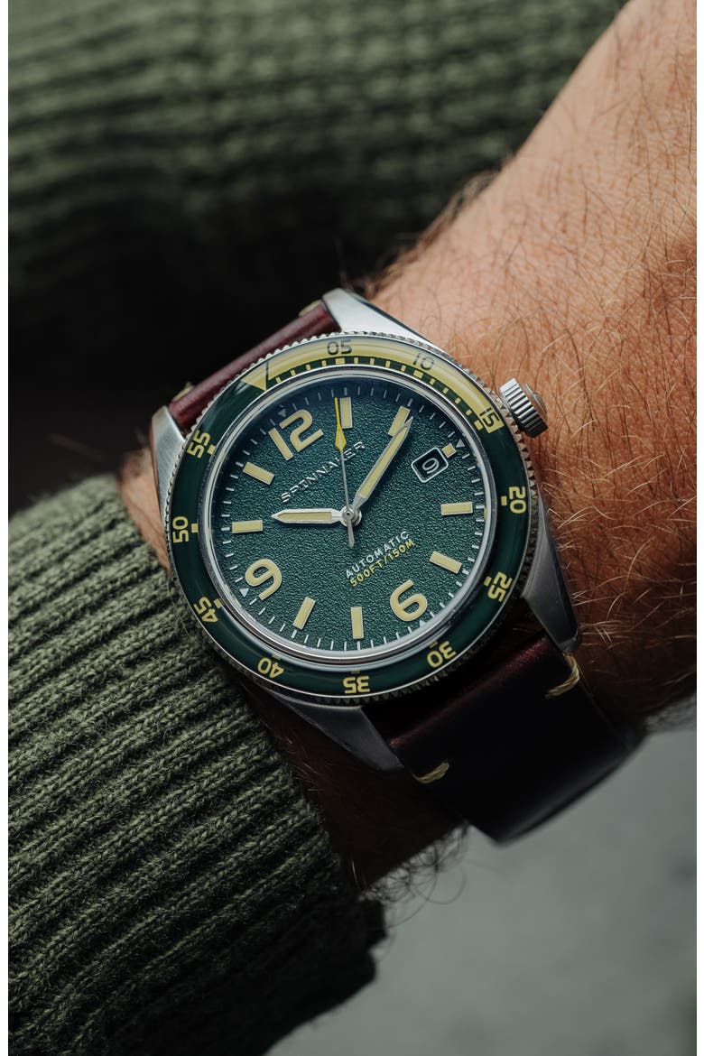 Fleuss Automatic Leather Strap Watch, 43mm, Alternate, color, GREEN