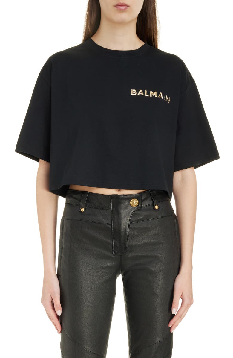 Balmain Laminated Logo Crop T-Shirt, Main, color, 