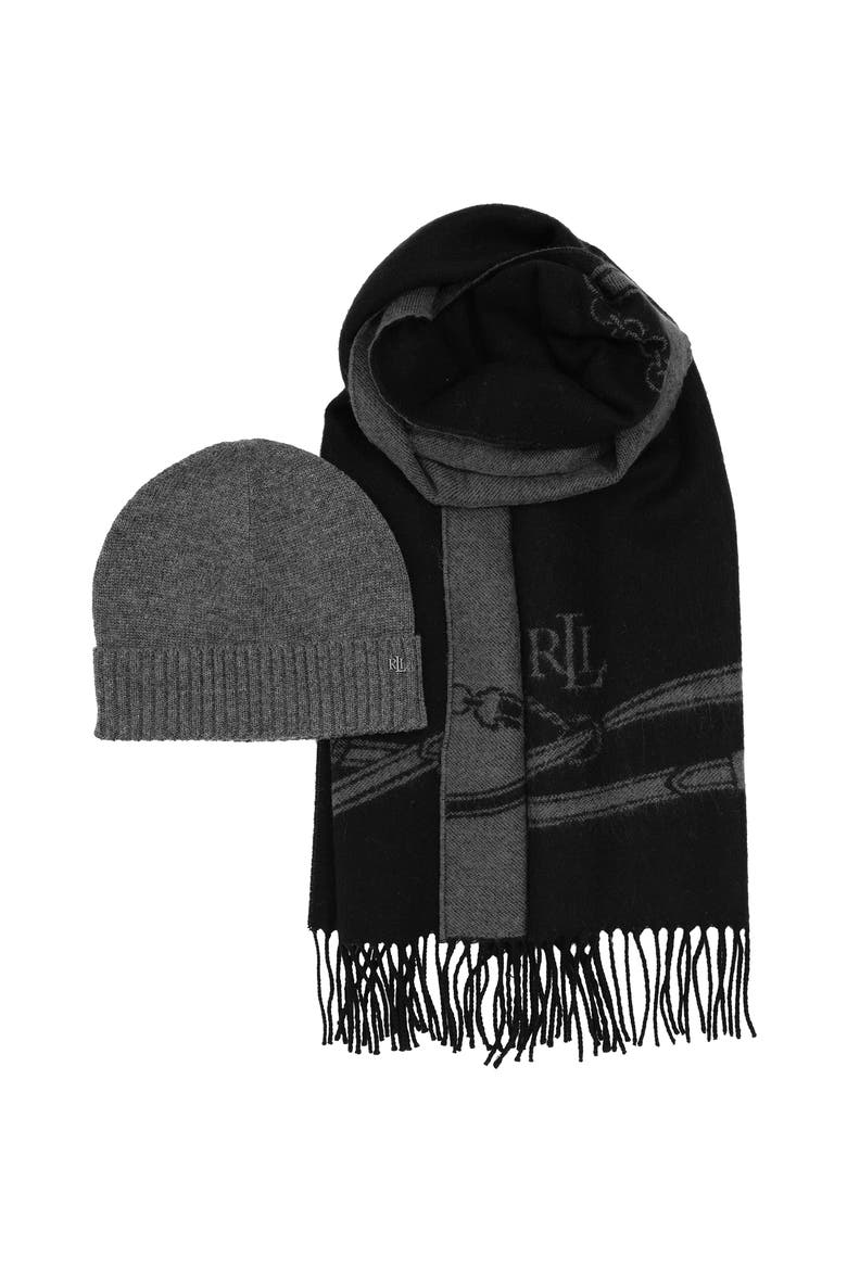 Equestrian Woven Scarf And Knit Hat Gift Set, Main, color, Black