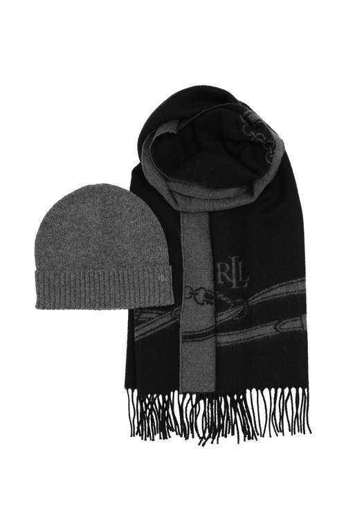 Ralph Lauren Lauren Equestrian Woven Scarf And Knit Hat Gift Set In Black