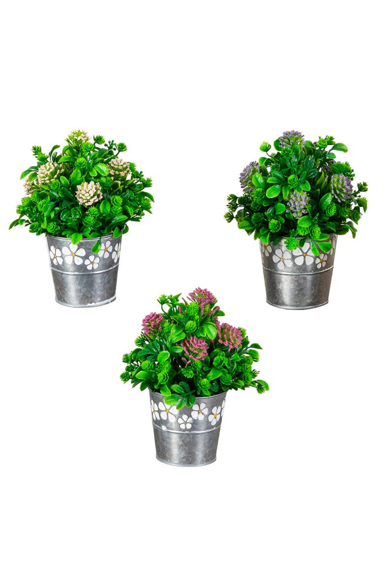 8-in Artificial Mixed Flowering Plant in Decorative Daisy Tin Planter - Set of 3, Main, color, Assortment 2