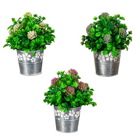 8-in Artificial Mixed Flowering Plant in Decorative Daisy Tin Planter - Set of 3