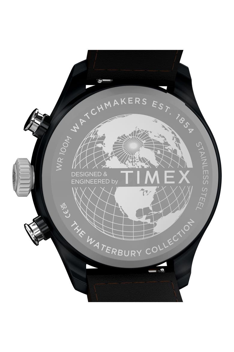 Waterbury Ace Fly-Back Chronograph Leather Strap Watch, Alternate, color, BLACK
