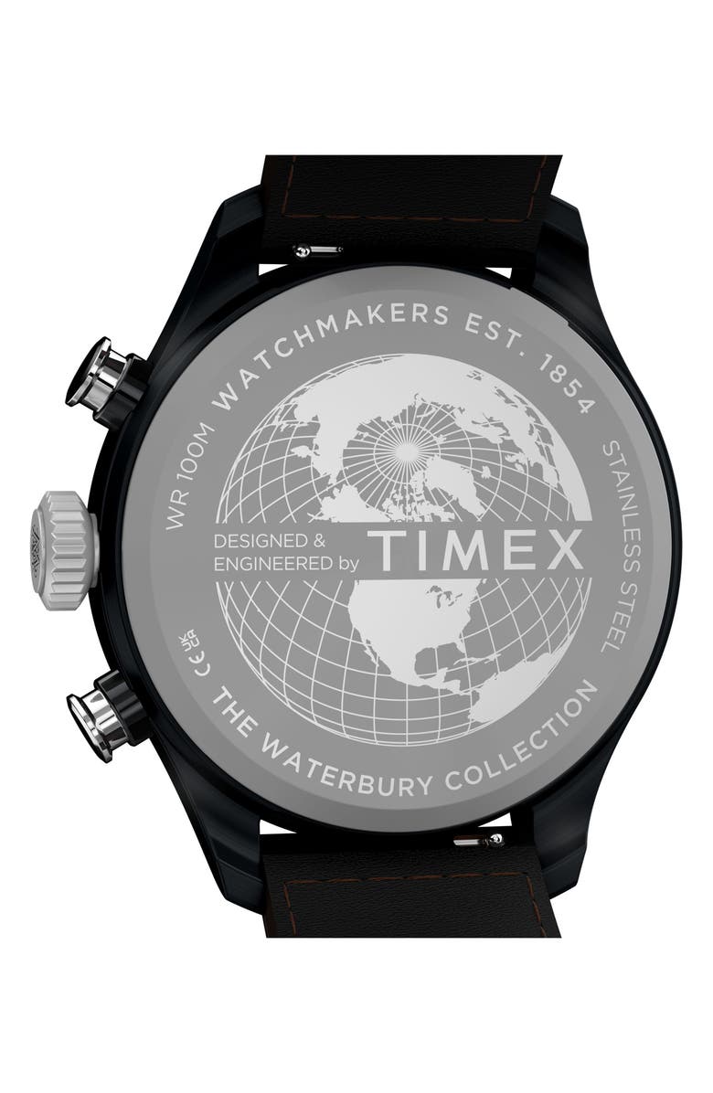 Timex<sup>®</sup> Waterbury Ace Fly-Back Chronograph Leather Strap Watch, Alternate, color, Black
