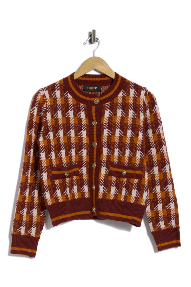 Houndstooth Plaid Cardigan, Main, color, BURGUNDY