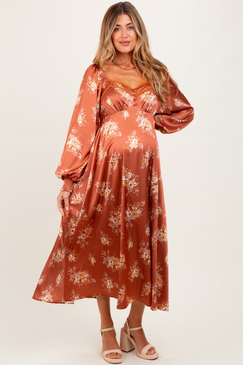 Satin Floral Bubble Sleeve Midi Dress, Alternate, color, Rust