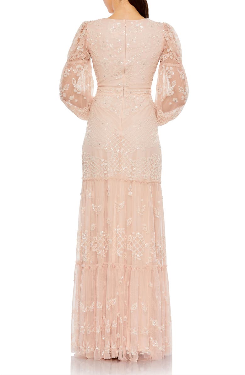 Mac Duggal Sequined Tiered Wrap Over Puff Sleeve Gown, Alternate, color, Blush
