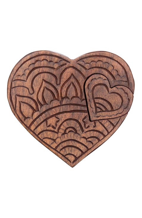 Heart Puzzle Box Jewelry Holder - Hand Carved Wood