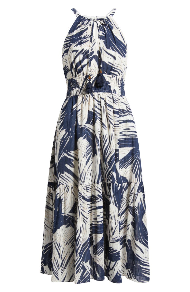 Vince Camuto Leaf Print Cotton Halter Neck Midi Dress, Alternate, color, Navy