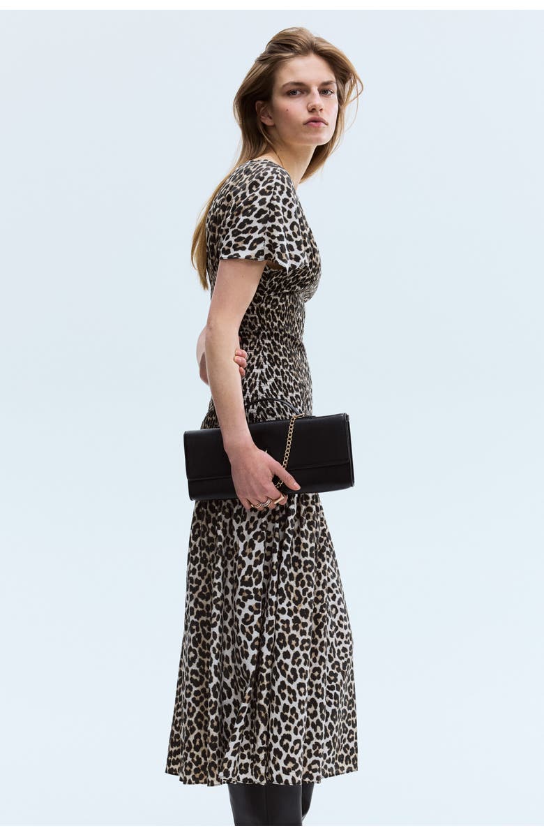 H&M Smocked-detail Dress, Alternate, color, Light Beige/Leopard Print