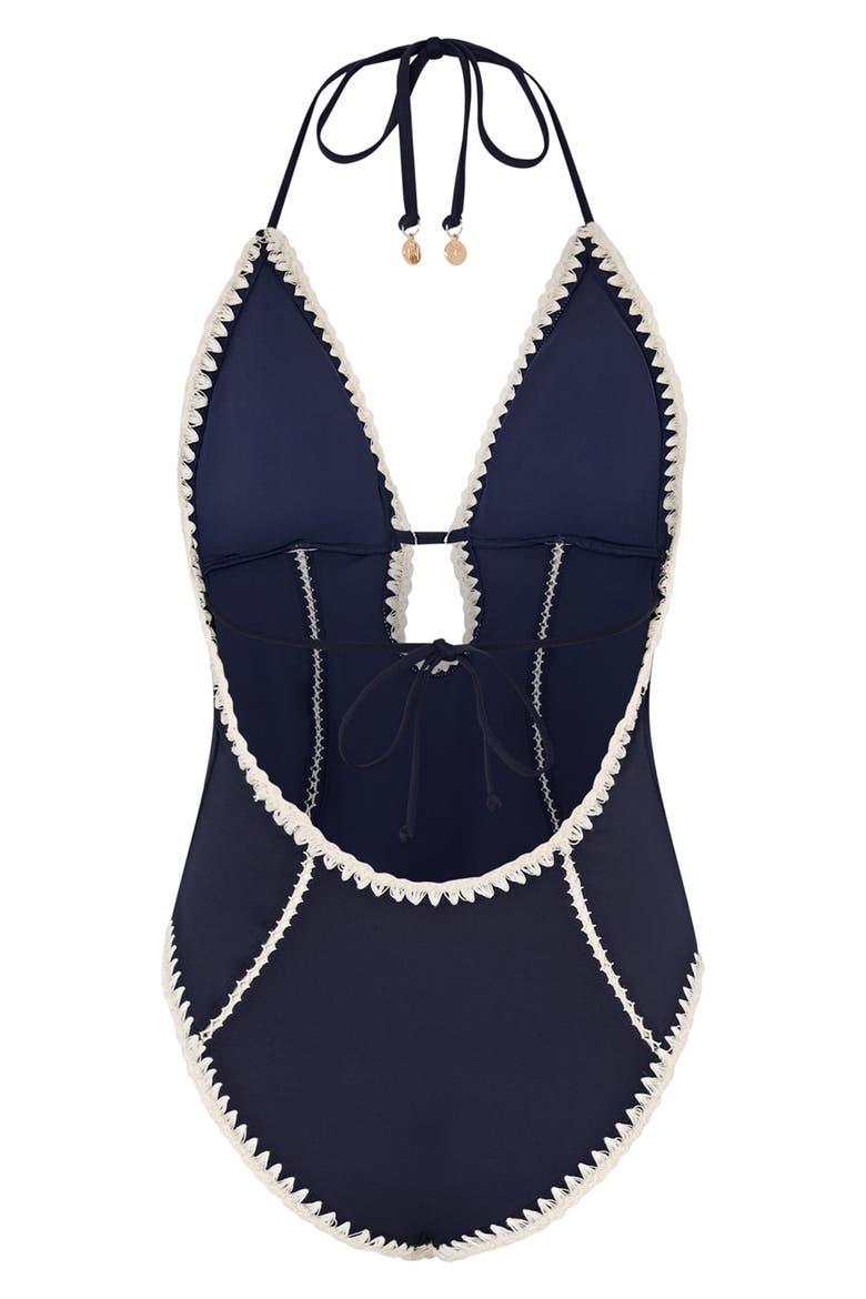 Cutout Crochet Trim One-Piece Swimsuit, Alternate, color, NAVY
