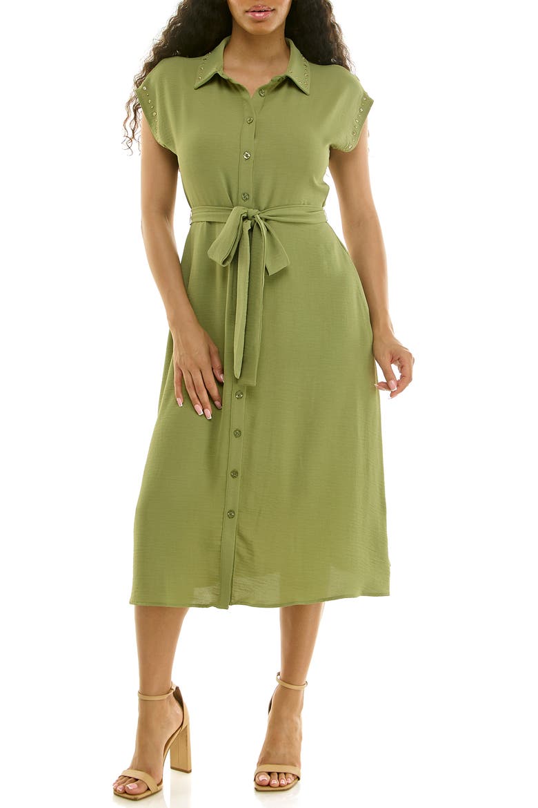 Studded Cap Sleeve Midi Shirtdress, Main, color, SOFT OLIVE