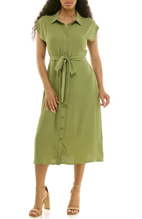 Studded Cap Sleeve Midi Shirtdress