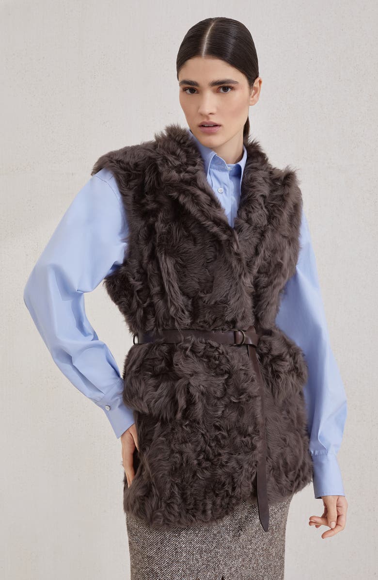 Brunello Cucinelli Wavy shearling vest, Alternate, color, Rust Brown