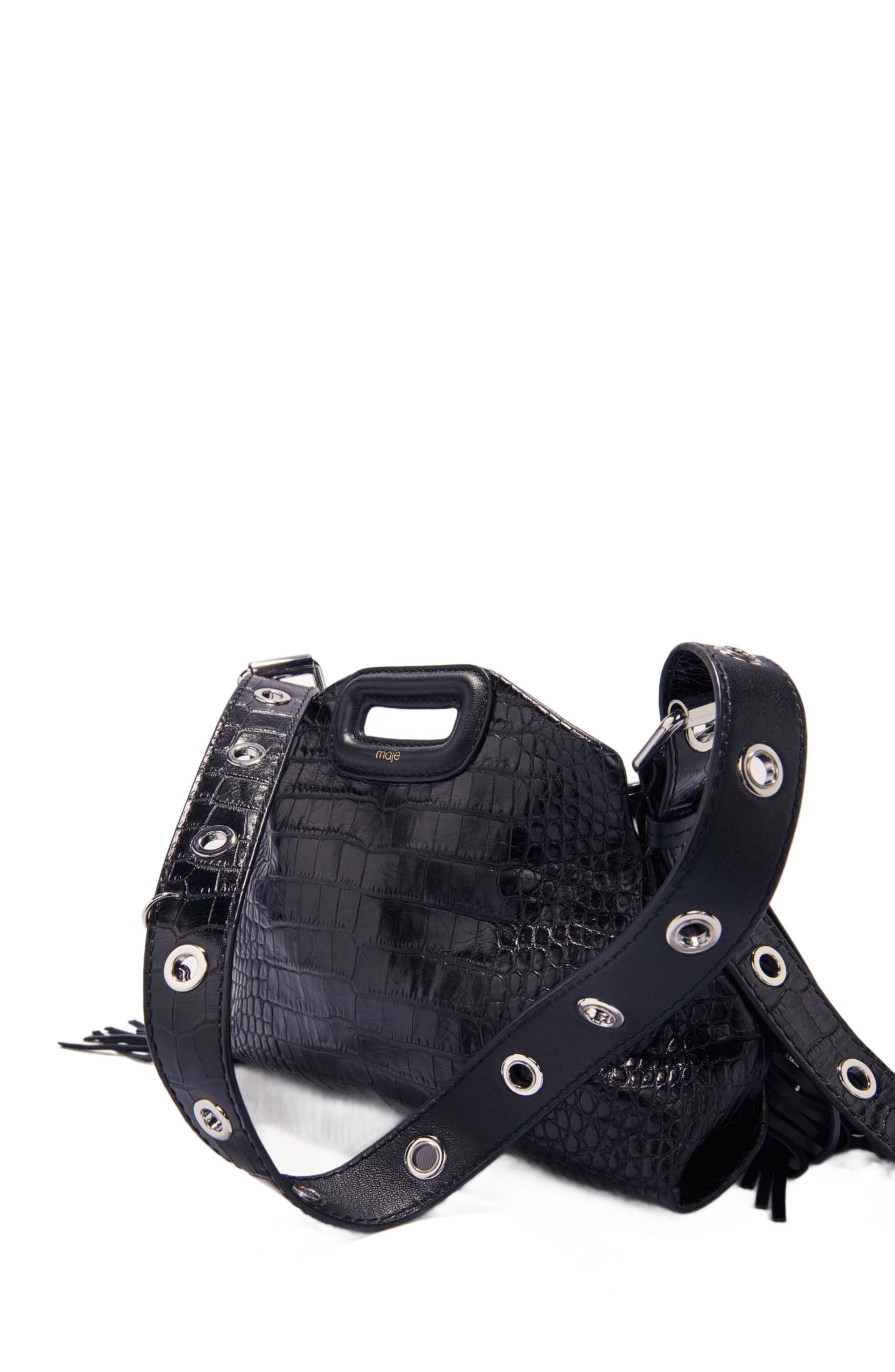 maje Miss M Mini embossed leather bag, Alternate, color, Black