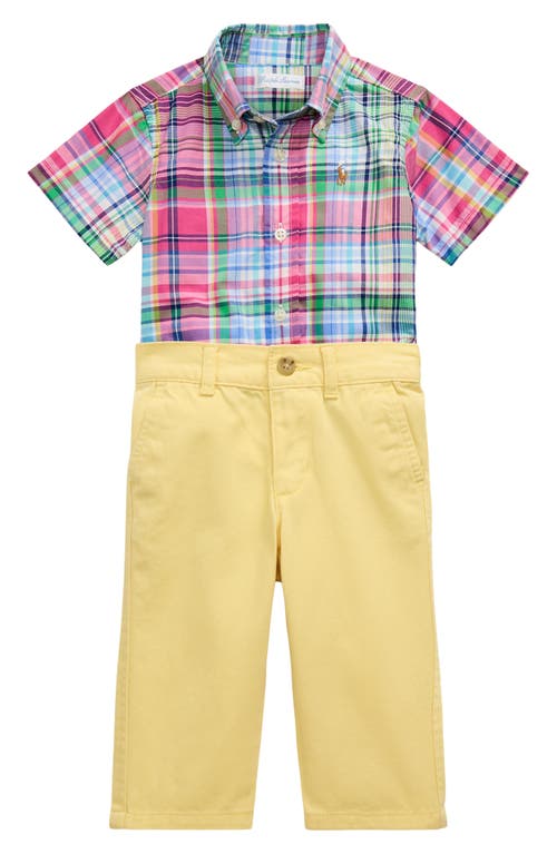 Polo Ralph Lauren Baby Boys Plaid Poplin Shirt & Chino Pants Set In Pink-blue Multi