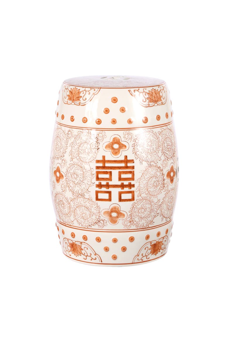 Double Happiness Traditional Ceramic Garden Stool, Indoor/Outdoor Chinoiserie Double Happiness Patio Drum Accent Side Table, Main, color, Orange/White