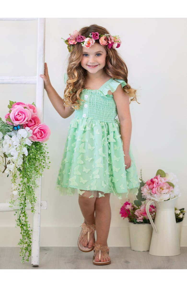 Mia Belle Girls Girls Butterfly Kisses Green Smocked Dress, Alternate, color,